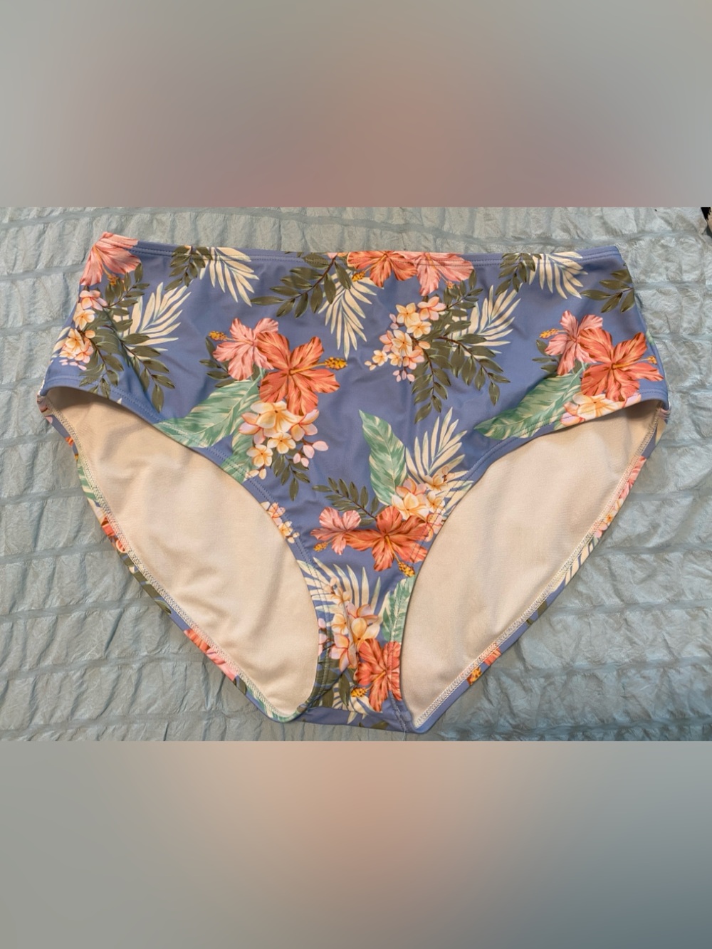 True Craft Floral High-Waist Bikini Bottom - Blue with Coral Flowers